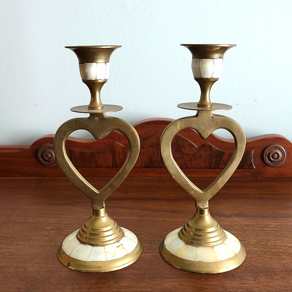 Other - Brass Heart Shape Candlestick Holders 7.25 inches with White Iridescent Stones